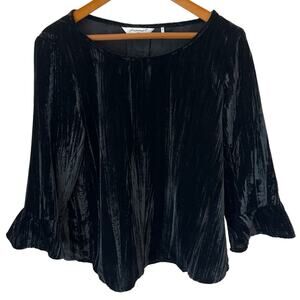 FOXCROFT Top Womens Large Black Soft Crushed Velvet Flounce Sleeve